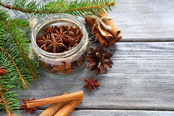 Cinnamon sticks and Anise in a jar