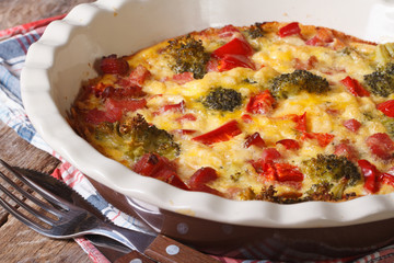casserole with broccoli, pepper, bacon macro. horizontal