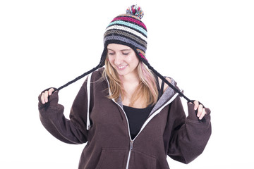 Blonde girl catching braiding bonnet
