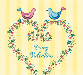 Valentine's Day Card. Love birds standing on a floral heart.