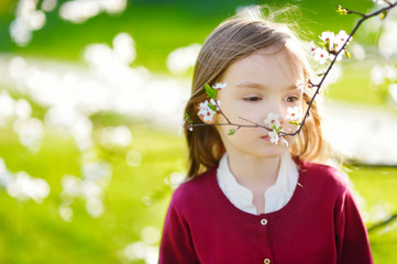 Adorable little girl in blooming cherry garden