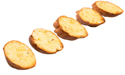 Homemade garlic bread of French baguette over white background
