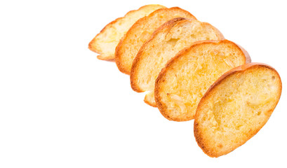 Homemade garlic bread of French baguette over white background
