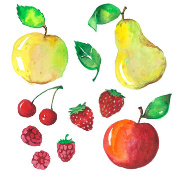 fruit set drawn watercolor blots and stains with a cherry, apple