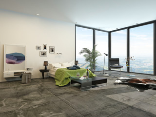 Large spacious modern bedroom with view windows