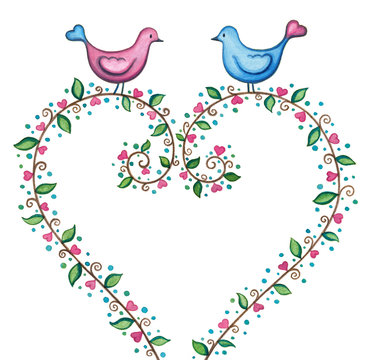 Valentine love birds with heart wreath