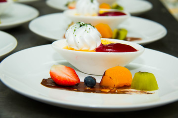 Dessert food on white plate with