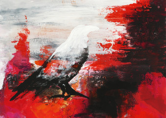 original painting on canvas, wise raven with a white head in re