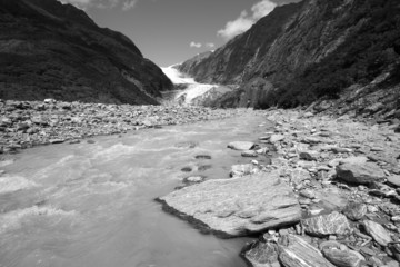 Glacial river in New Zealand. Black and white.