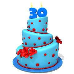 Birthday cake with number thirty 3d illustration