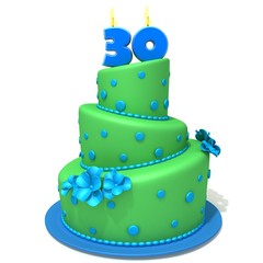Birthday cake with number thirty 3d illustration