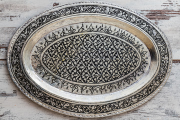 Turkish Traditional Silver Tray on White Wooden Background