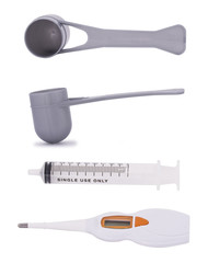 Measuring scoops, syringe and Electronic and digital thermometer