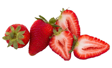 red strawberries with leaves isolated on white background.