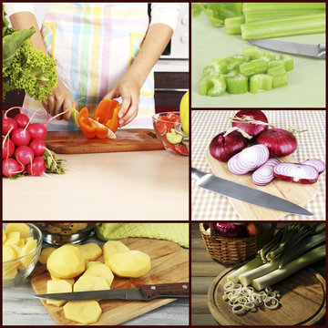 Collage of cutting different vegetables