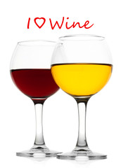 Glasses of wine and I love wine text isolated on white