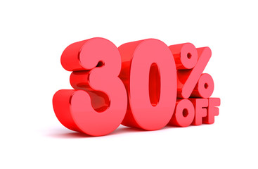 30% Off 3D Render Red Word Isolated in White Background