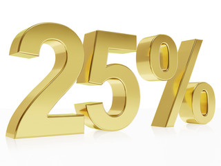 Photorealistic golden rendering of a symbol for 25 % discount