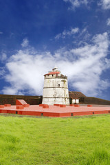 Fototapeta na wymiar Ancient Aguada fort and its beautiful restored lighthouse