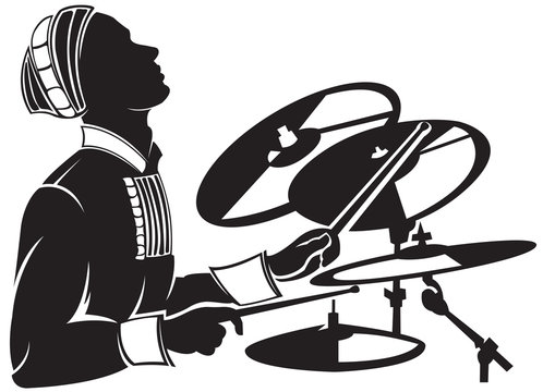 The musician playing drum setting. Vector silhouette