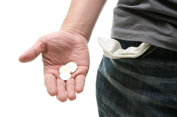 empty pocket, coins in hand