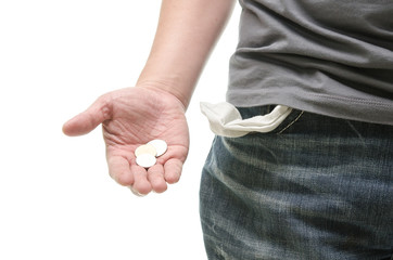 empty pocket, coins in hand