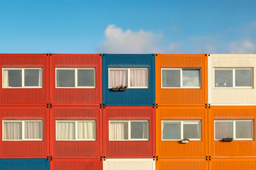 Multi colored Container homes used for housing students and asylum seekers from abroad 