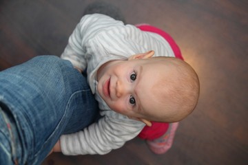 8 Monate altes Baby zieht sich am Bein der Eltern hoch