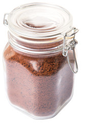 Instant coffee drink powder in glass jar container 