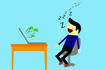 Sleeping Man while Get Earn from Computer