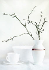 Still life with white dishes and dry branches made in high key