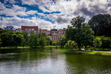 Fototapeta na wymiar Buildings and a pond in the Public Garden in Boston, Massachuset