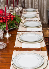 White China on Table Decorated for Christmas