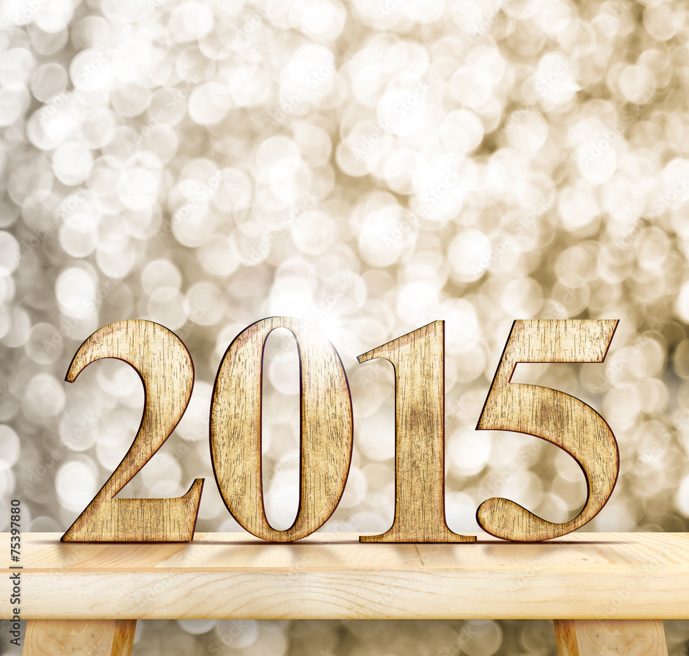 Aufkleber 2015 year wood number on wooden table with sparkling bokeh