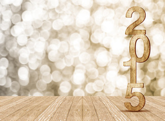 2015 year number in room with sparkling and wooden plank floor