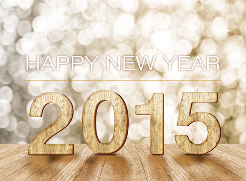 happy new year 2015 in room with sparkling wall and wooden floor