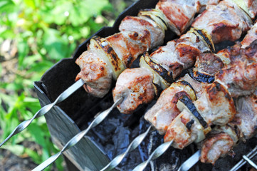 Shish kebab on skewers and hot coals, DOF