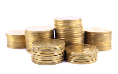 Pile of coins isolated on white background