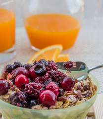 Breakfast Muesli Represents Orange Juice And Cereal