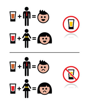 People drinking alcohol - sad and happy face icons set