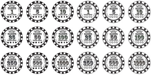 poker chips set black and white isolated on white background - obrazy, fototapety, plakaty