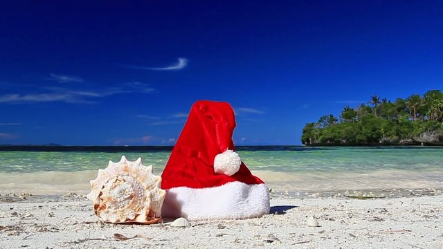 Santa Claus hat and seashell on caribbean beach
