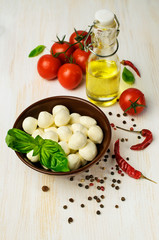 Ingredients for Caprese : mozzarella , cherry tomatoes and basil