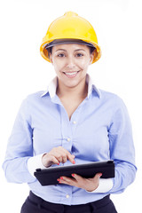 Female engineer holding a tablet computer, isolated on white bac