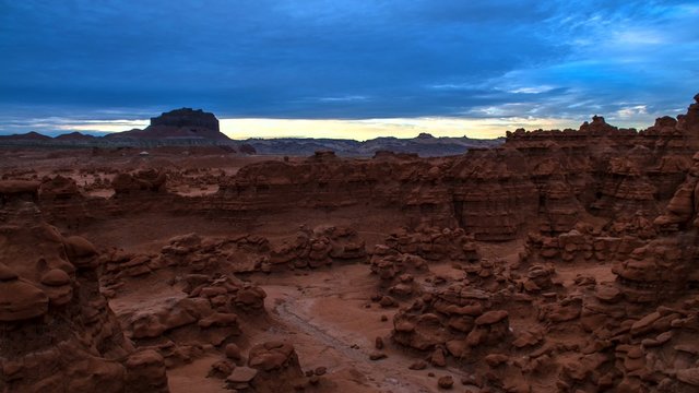 Bird's eye view of the Goblin Valley at Sunset with colorful sky