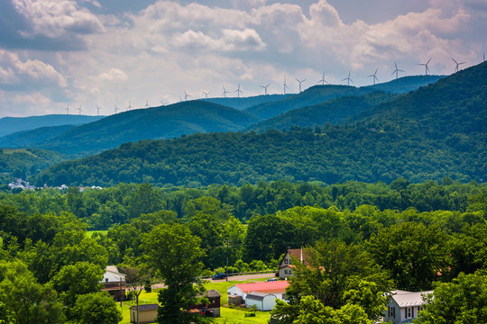 View of windmills in the mountains near Keyser, West Virginia.