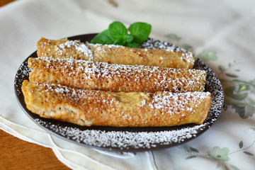 Crepes With Cherry Jam On The Brown Plate. Pancakes.