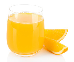 Glass of orange juice with slices isolated on white