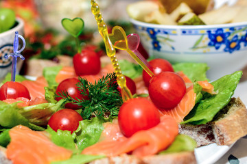 Red tomatoes with dill and salmon sandwiches on table