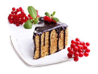 Chocolate cake on white table